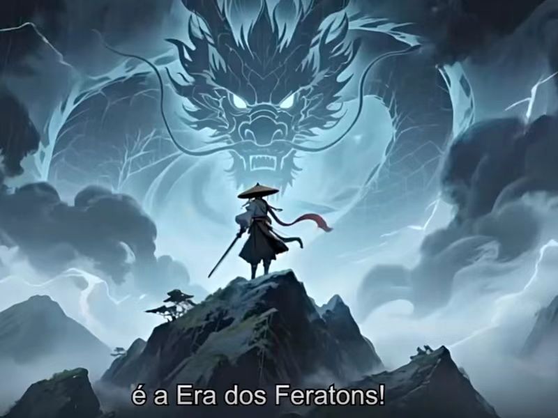 solitário usando um chapéu tradicional chinês (douli) está de pé no topo de uma montanha escarpada, segurando uma espada. À sua frente, uma gigantesca e imponente figura de um dragão surge entre as nuvens e relâmpag