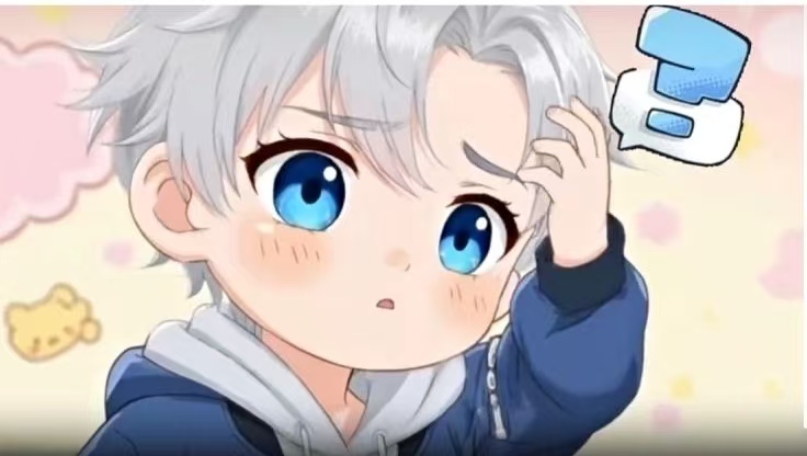 Niño de estilo anime, cabello plateado y ojos azules grandes, con expresión confundida y gesto tierno.